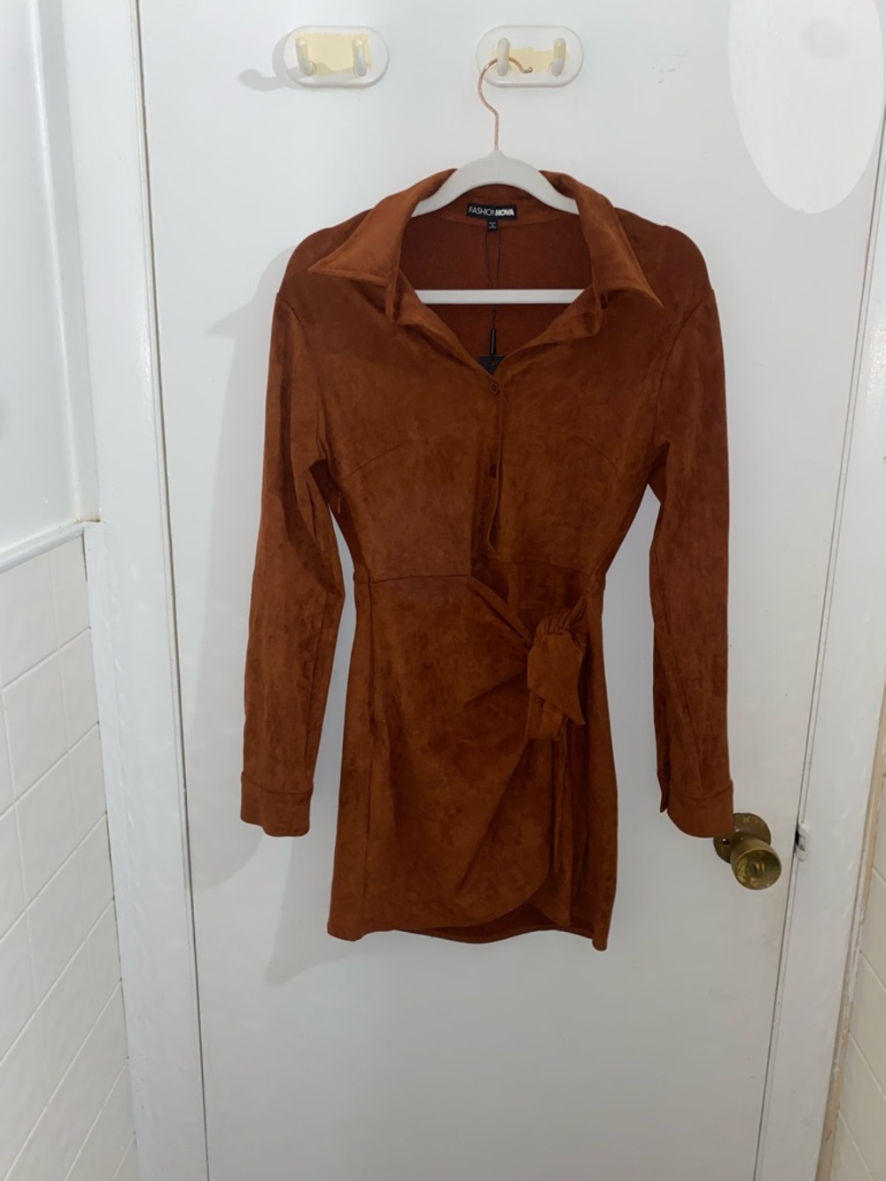 Fashion Nova Rust Suede Tie-Waist Mini Dress